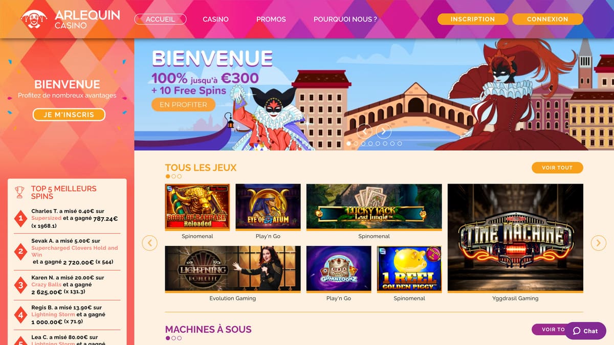 Interface du lobby d'Arlequin Casino avec la sélection de jeux et le menu des promotions en avant plan