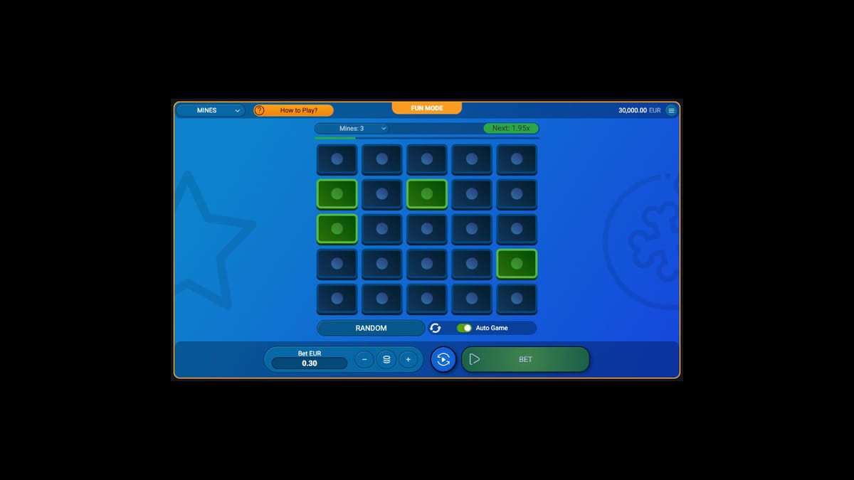 Interface de Mines Spribe avec le mode Auto Game activé et une mise réglée à 0,30 euro