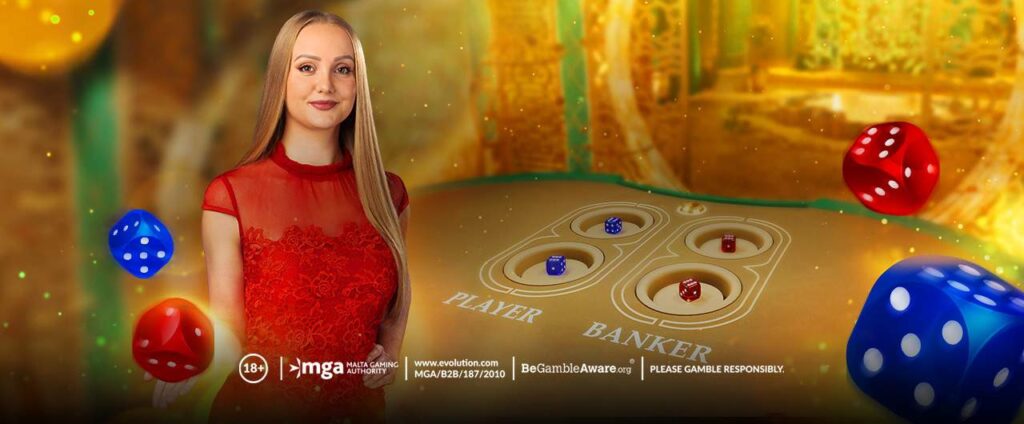 Table de Bac Bo Evolution Gaming avec les deux dés remplaçant les cartes du baccara