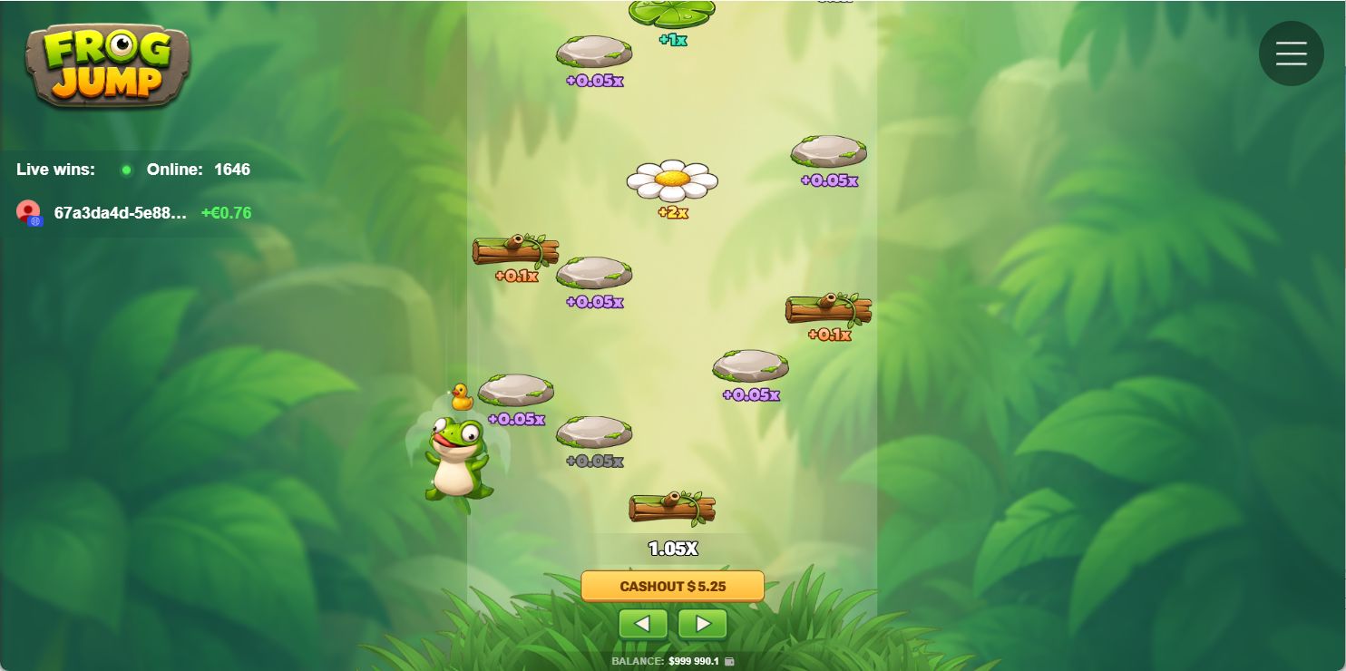 Partie en cours sur Frog Jump avec la grenouille sur un rocher et le bouton d'encaissement visible