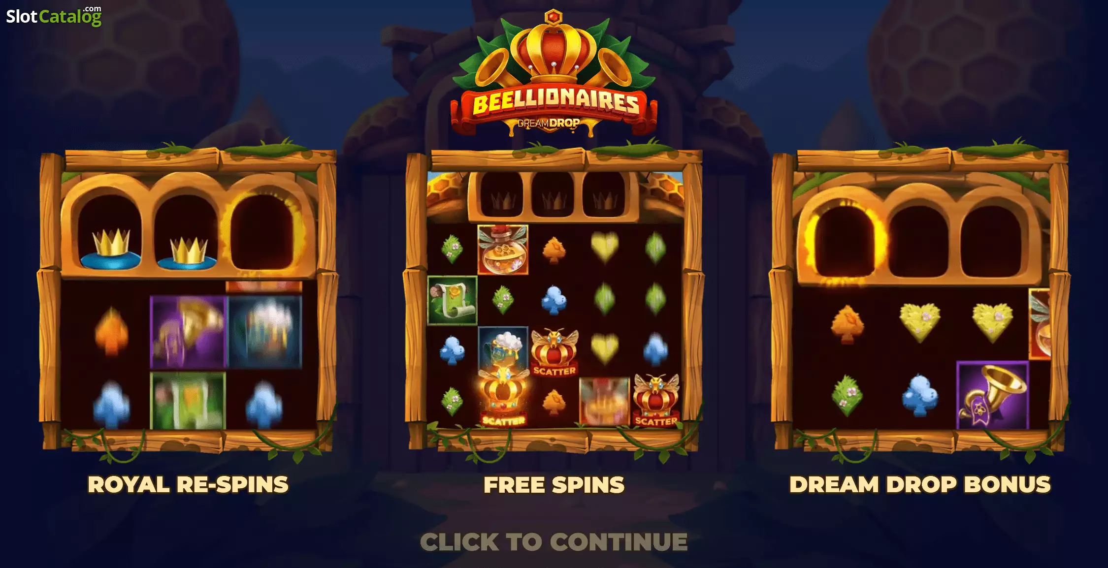 Écran d'intro de Beellionaires Dream Drop présentant les fonctions Royal Re-Spins, Free Spins et Dream Drop Bonus