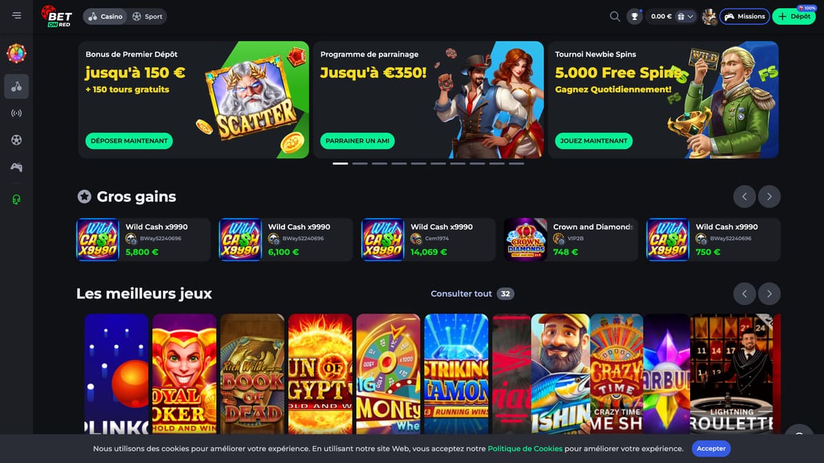 Interface du lobby de Bet On Red avec bannières promotionnelles et catégories de jeux en avant