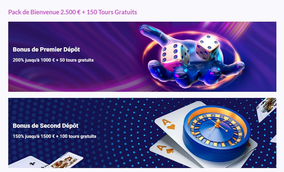 Page du bonus de bienvenue Europe Fortune détaillant le pack de 2 500 euros et 150 tours gratuits