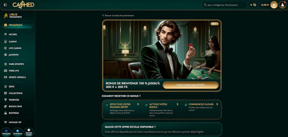 Écran du bonus de bienvenue de Cashed Casino avec le détail de l'offre 100% et des free spins