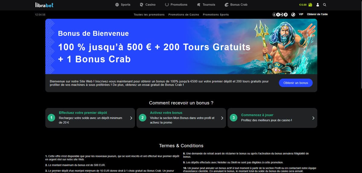 Page du bonus de bienvenue de LibraBet presentant l offre 100 pourcent jusqu a 500 euros