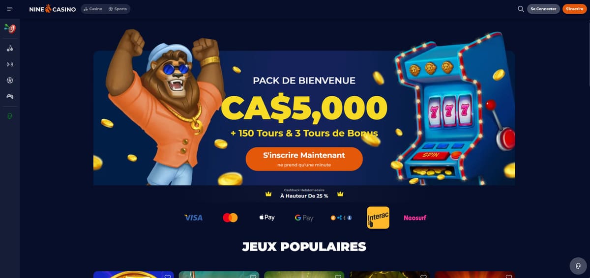 Page du bonus de bienvenue de Ninecasino affichant le pack sur trois dépôts