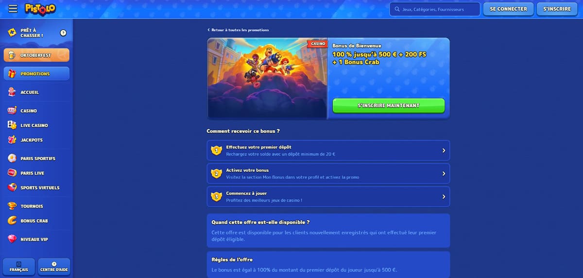 Page du bonus de bienvenue de Pistolo présentant l'offre de 500 euros et 200 free spins