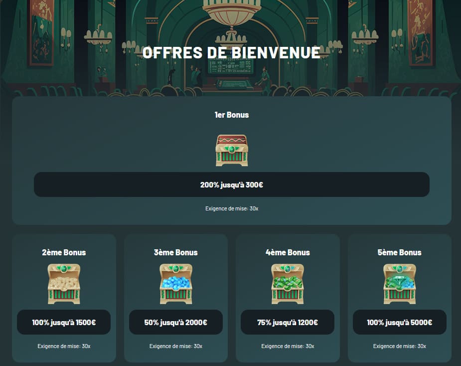 Page du bonus de bienvenue de Palm Casino avec le détail des cinq dépôts