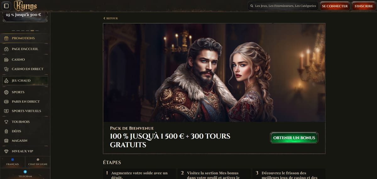 Page bonus de bienvenue de Kyngs affichant le pack 100% jusqu'à 1500 euros