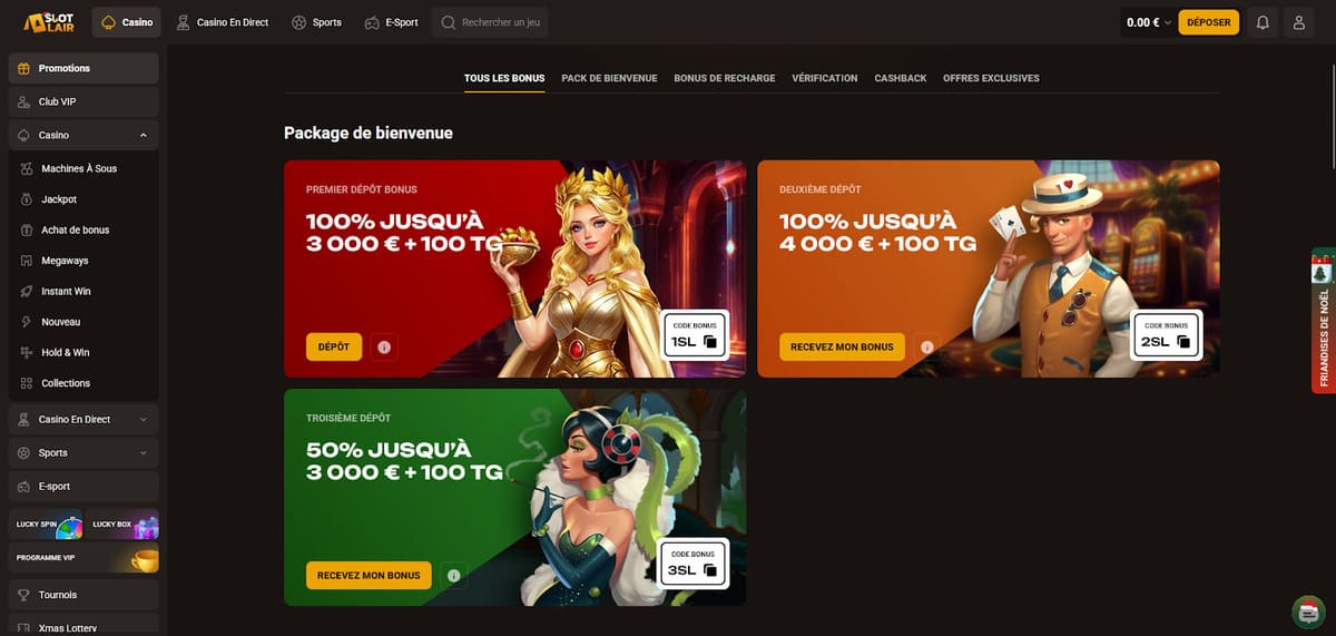 Page du bonus de bienvenue de SlotLair Casino détaillant le pack réparti sur trois dépôts