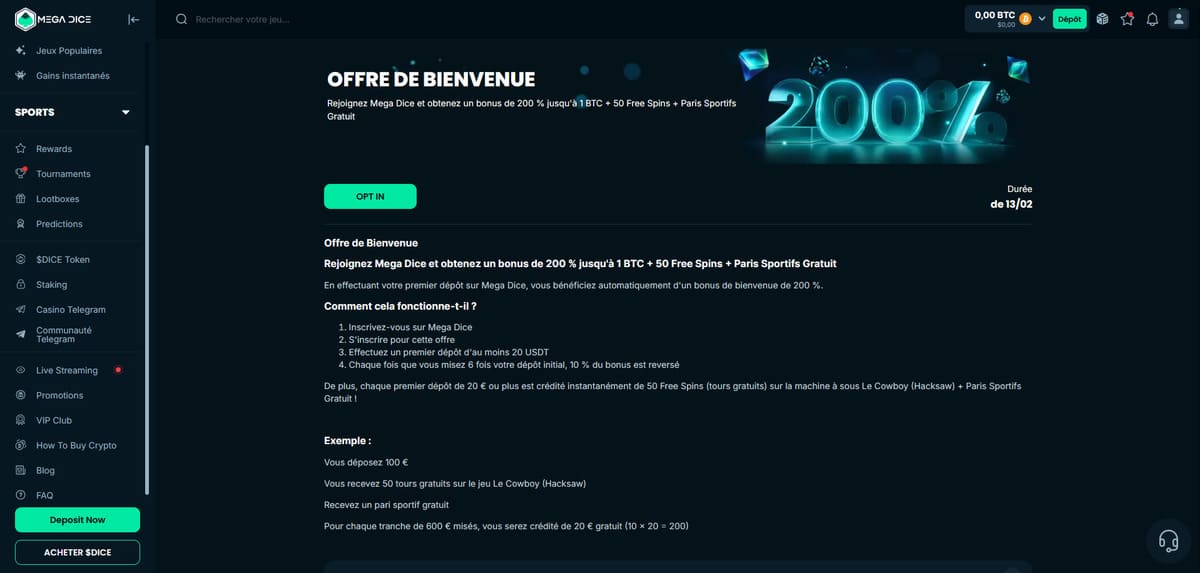 Interface du bonus de bienvenue Mega Dice affichant le pourcentage de match et les free spins