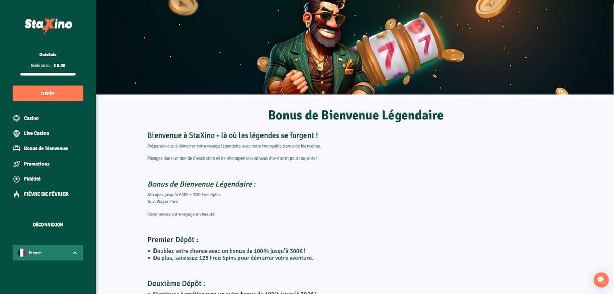 Page du bonus de bienvenue sans wager de StaXino Casino avec le détail du pack en deux dépôts