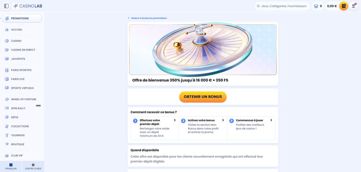 Page du bonus de bienvenue CasinoLab détaillant le pack sur quatre dépôts et les free spins