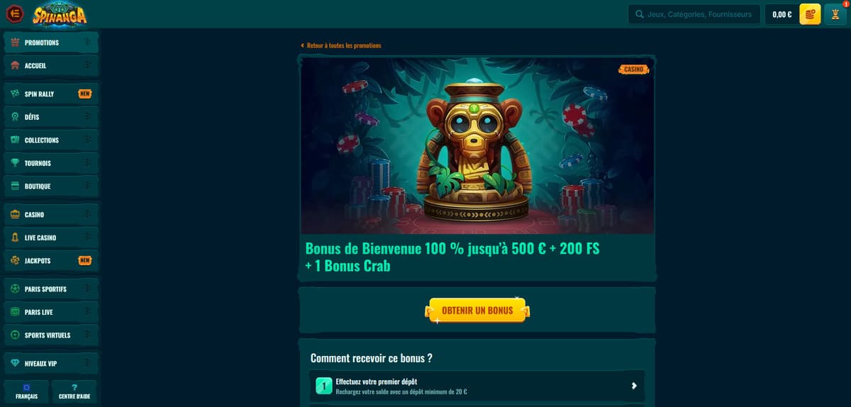Page du bonus de bienvenue de Spinanga presentant l offre 100 pourcent jusqu a 500 euros