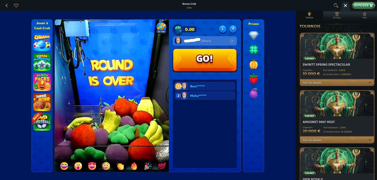 Écran du Bonus Crab de Talismania, mini jeu de pince à récompenses avec pièces et prix visibles