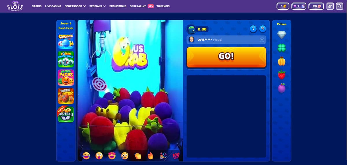 Interface du Bonus Crab de SlotsPalace, la machine à pince alimentée par des diamants