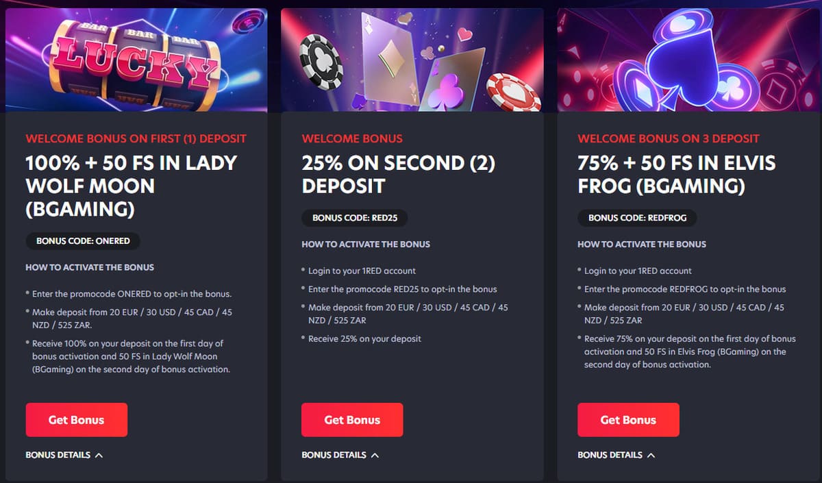 Page du bonus de bienvenue de 1RED Casino affichant le pack 100% jusqu'à 3 000 euros