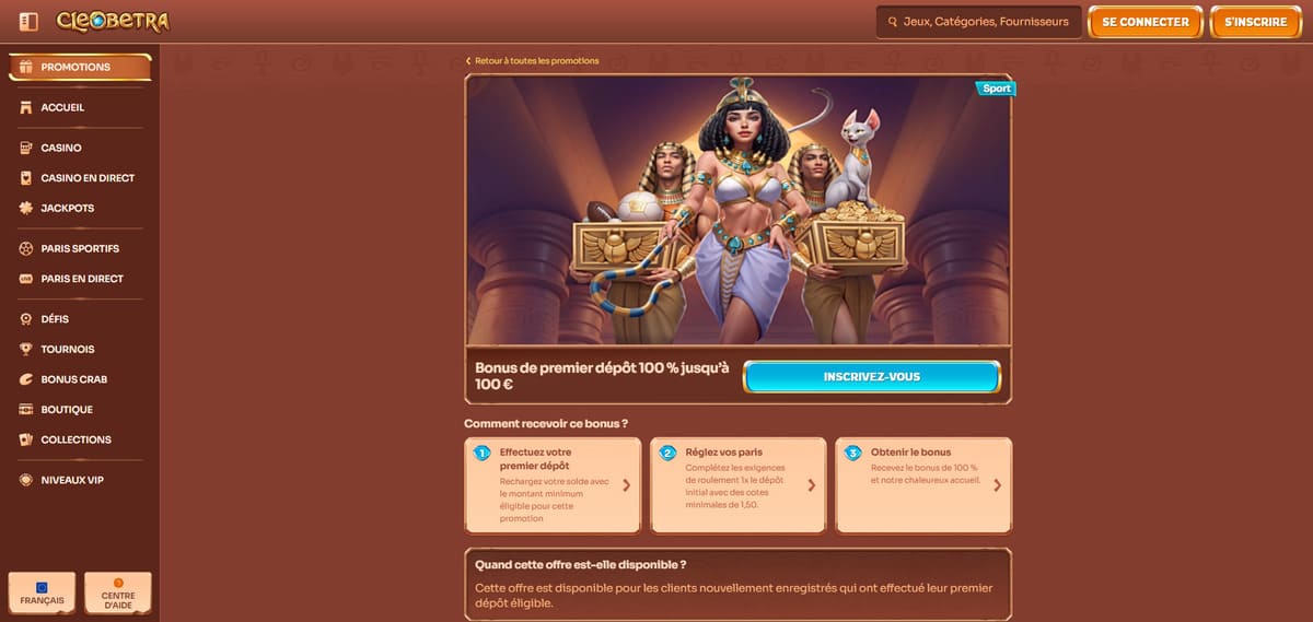 Page du bonus de premier dépôt de Cleobetra affichant l'offre 100% jusqu'à 500 euros