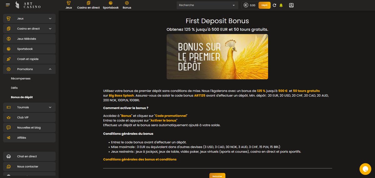 Page du bonus de bienvenue d'Art Casino affichant le pack 125% jusqu'à 500 € et les free spins