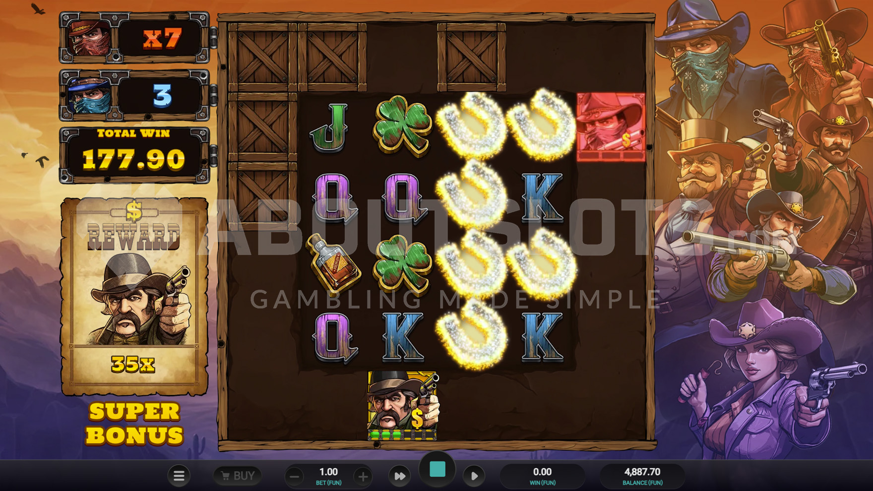 Écran Super Bonus de Bounty County avec le multiplicateur cumulé sur les bandits éliminés