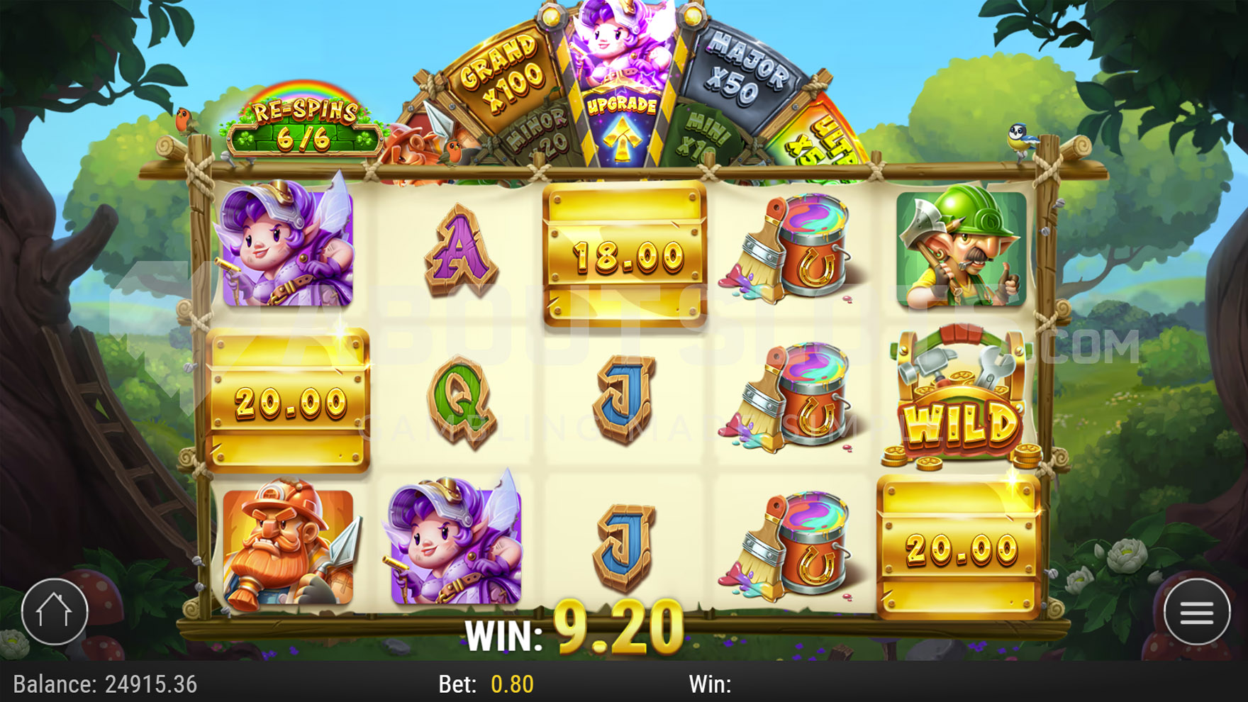 Écran des Character Respins de Buildin’ More Bucks avec Fairy Mary posant des cadres dorés sur la grille