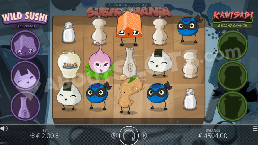 Grille 5x3 de Kitchen Drama Sushi Mania en pleine partie avec les jauges Wild Sushi Free Spins et Kamisabi visibles