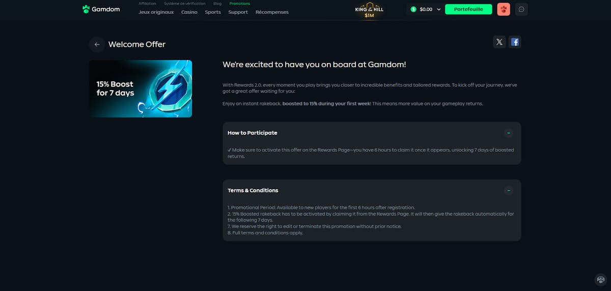 Page bonus de bienvenue de Gamdom avec le cashback de 15% affiché sans condition de mise