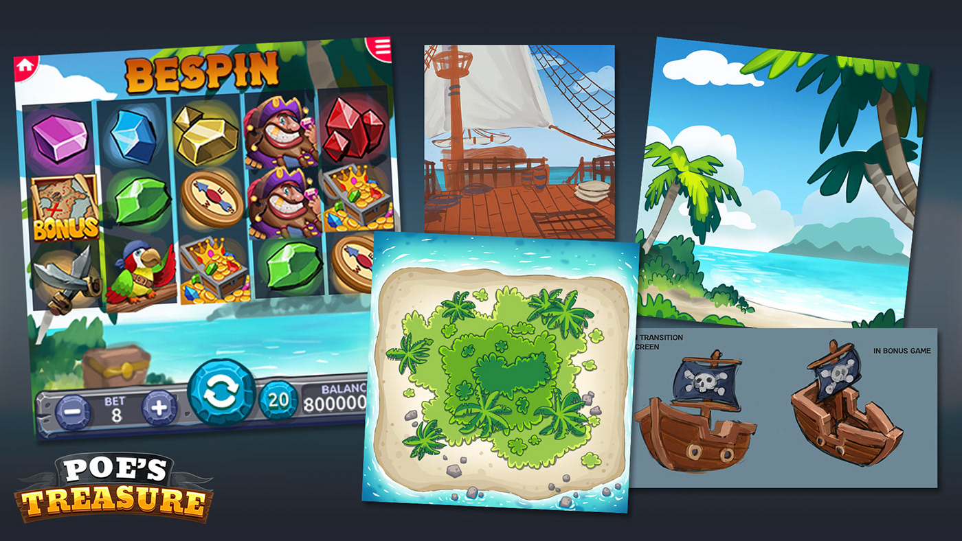 Grille de jeu de Poe's Treasure avec un symbole Bonus actif et l'aperçu de la carte au trésor