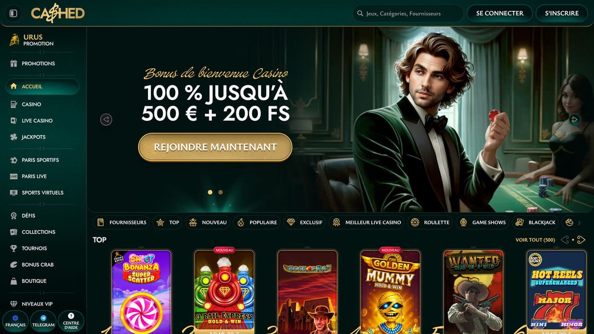 Lobby du casino Cashed avec la sélection de machines à sous et jeux en vedette