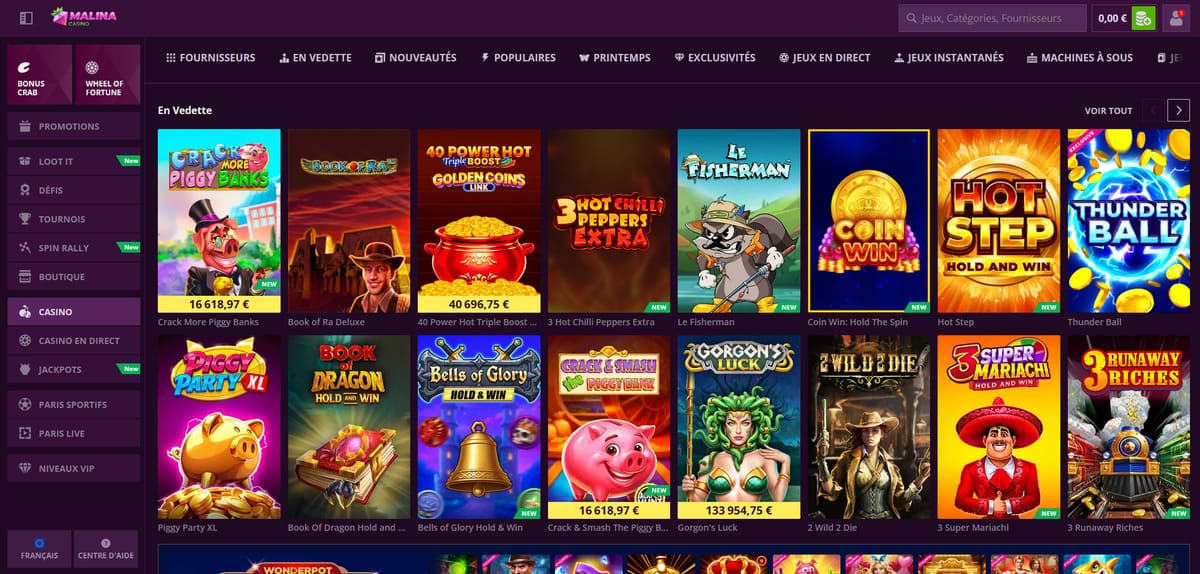 Interface du lobby de Malina Casino avec les catégories de jeux et le menu de navigation