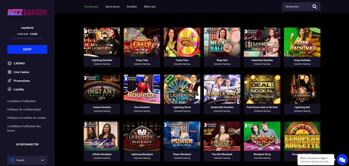 Salle de casino en direct de Rizz casino avec des tables Evolution Gaming en streaming