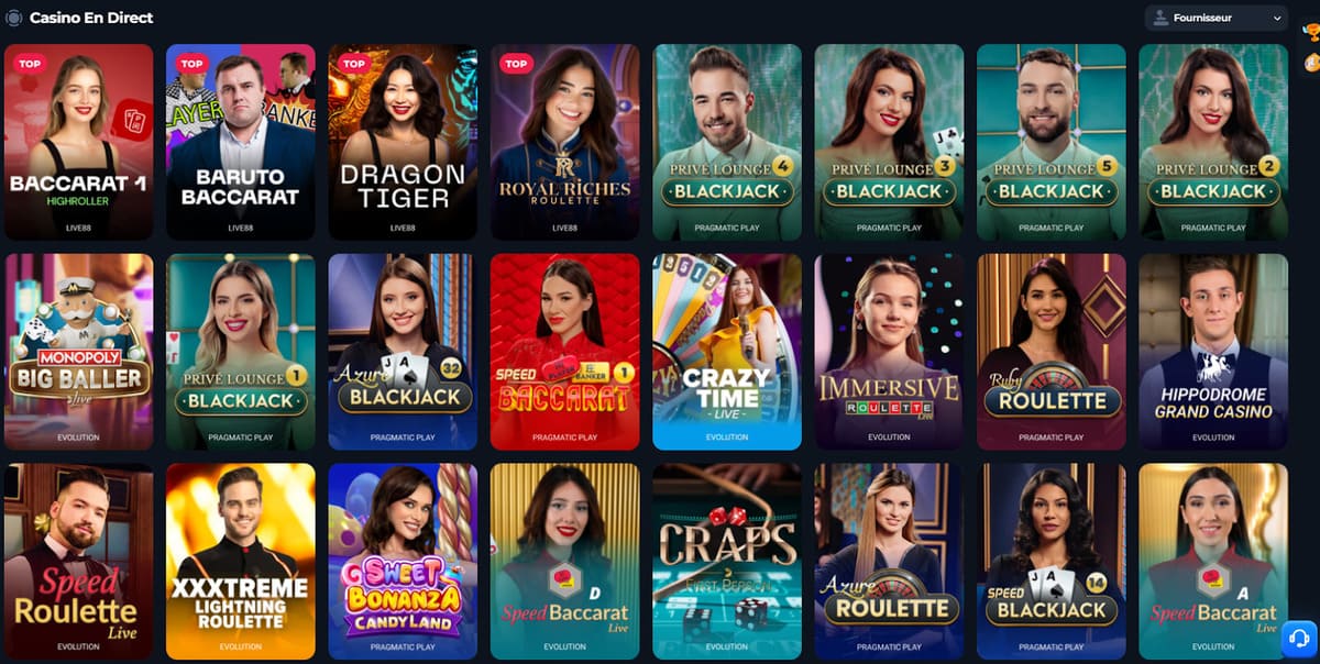 Section casino en direct de Betfury avec les tables Evolution Gaming disponibles