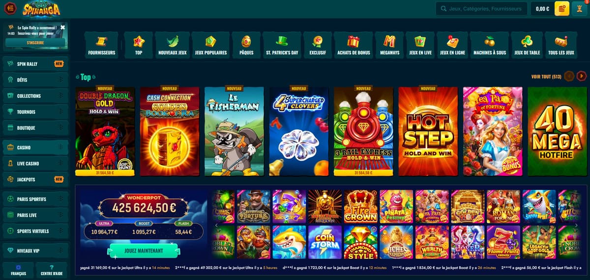 Interface du lobby de jeux de Spinanga avec les catégories de machines à sous affichées
