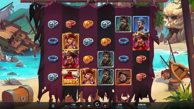 Grille 6x4 de Castaway Cove en jeu de base avec un symbole Bonus et des portraits de pirates