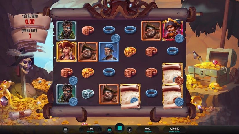 Écran de free spins de Castaway Cove avec 7 tours restants et rouleaux de parchemin à révéler