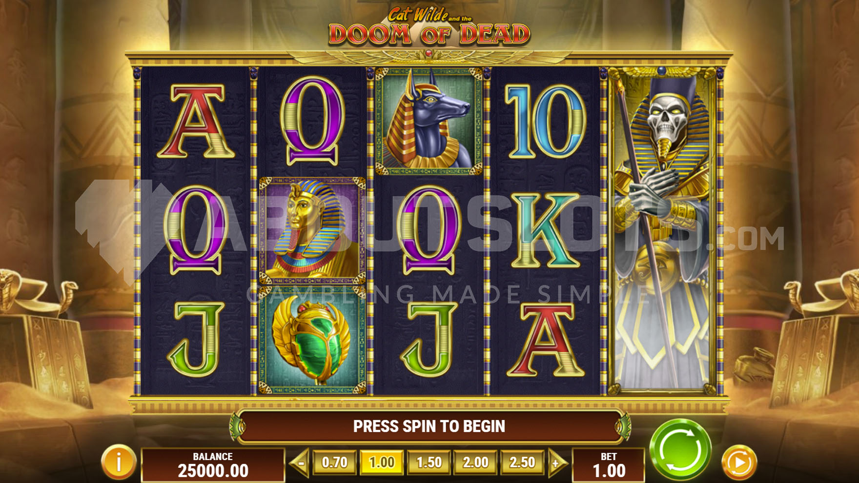 Grille 5x3 de Cat Wilde and the Doom Of Dead en jeu de base avec les symboles Sphinx et Anubis visibles