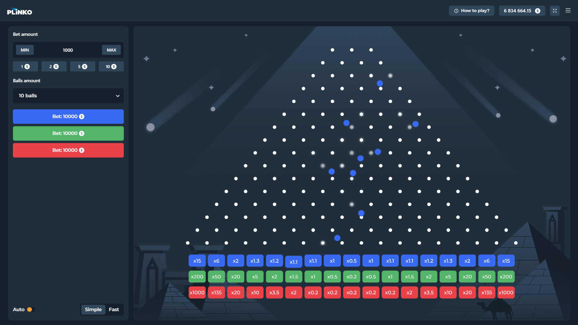 Interface de Plinko InOut avec panneau de mise à 10 billes et grille pyramidale de plots