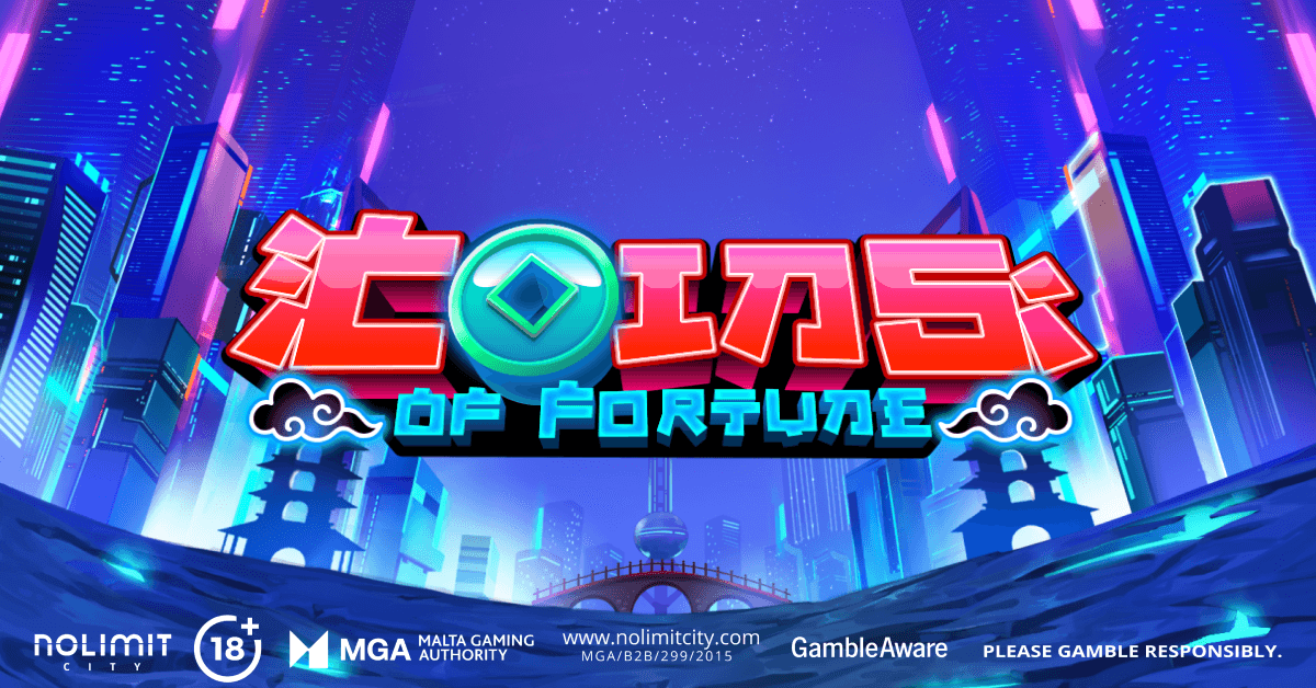 Artwork officiel de Coins of Fortune avec les quatre Gardiens et la mégapole en néons
