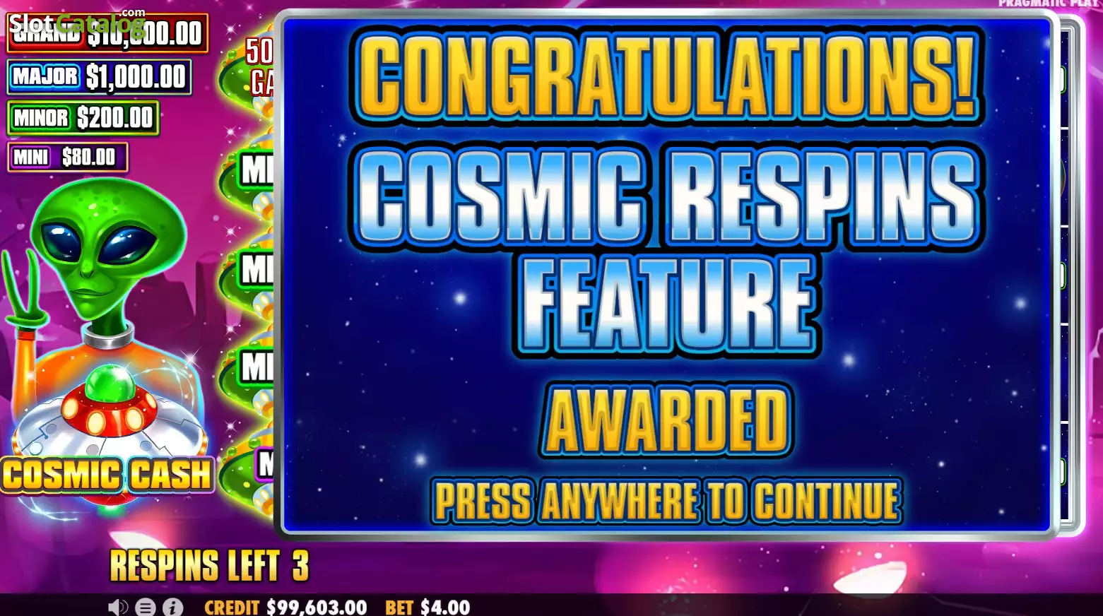 Écran d'annonce de la fonction Cosmic Respins de Cosmic Cash avec le compteur de respins restants