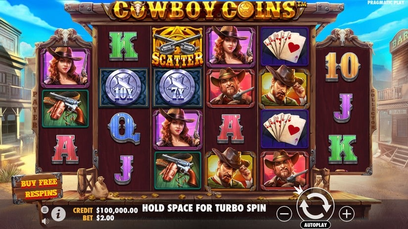 Grille 3 4 4 4 4 3 de Cowboys Coins avec symbole Scatter et pieces multiplicatrices 10x et 7x visibles