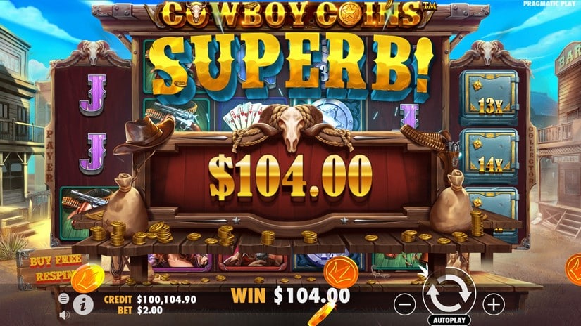 Ecran de gain Superb sur Cowboys Coins affichant 104 dollars avec multiplicateurs 13x et 14x cumules