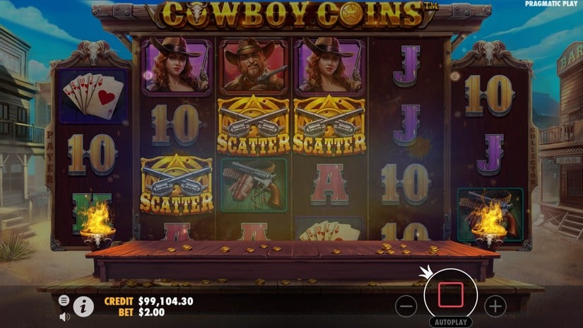 Declenchement des Free Respins sur Cowboys Coins avec trois symboles Scatter alignes sur la grille