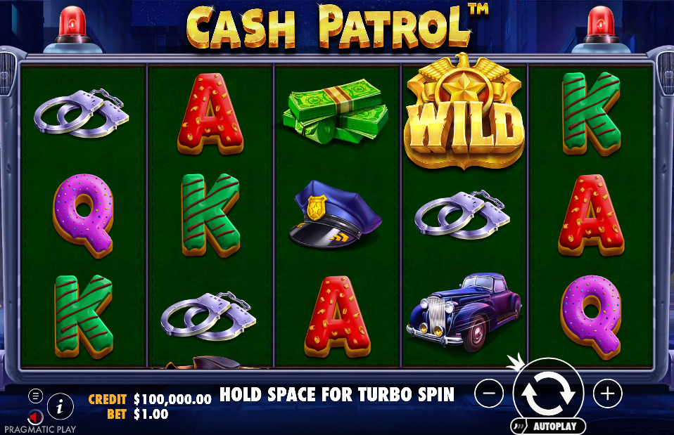 Grille 5x3 de Cash Patrol avec un symbole Wild badge et des billets sur plusieurs rouleaux