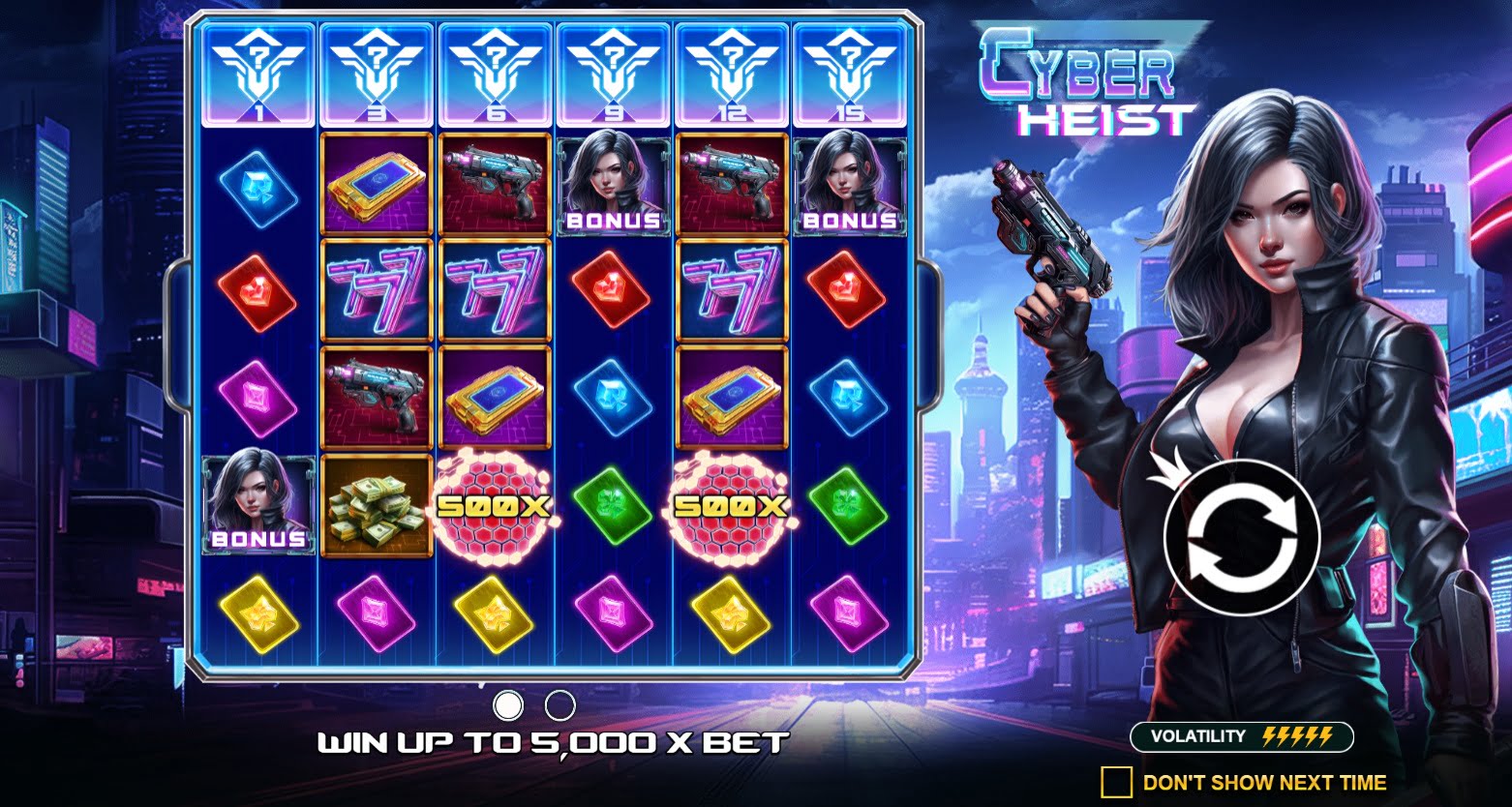 Grille 6x5 de Cyber Heist avec la rangée verrouillée numérotée et les sphères à 500x visibles sur les rouleaux