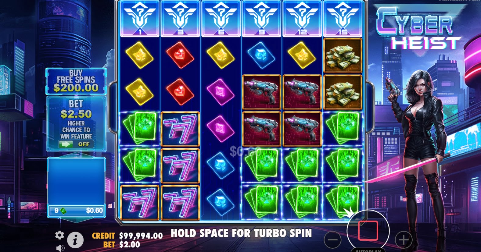 Interface de jeu Cyber Heist avec le bouton Buy Free Spins et la mise réglée juste avant un tour