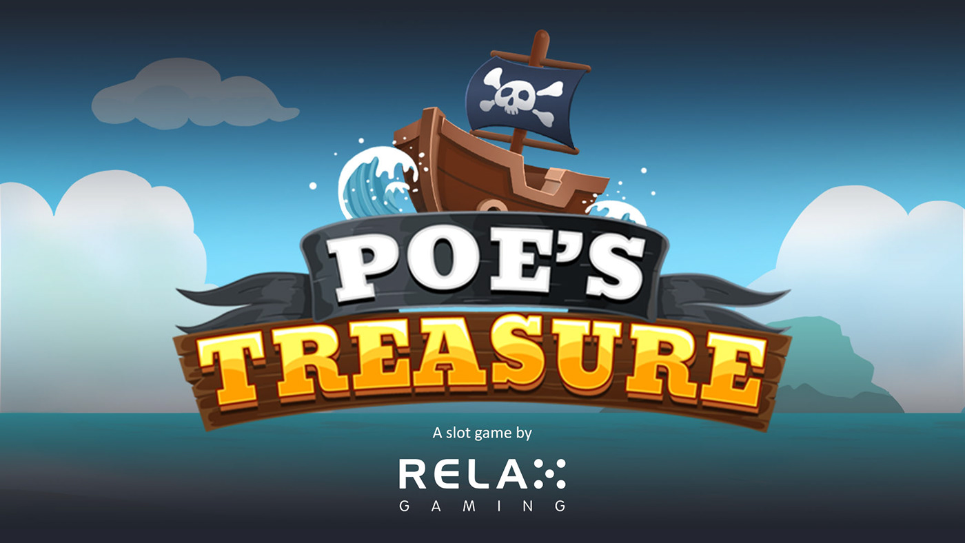 Écran de démarrage de Poe's Treasure avec le navire pirate et la bannière du titre sur fond d'océan