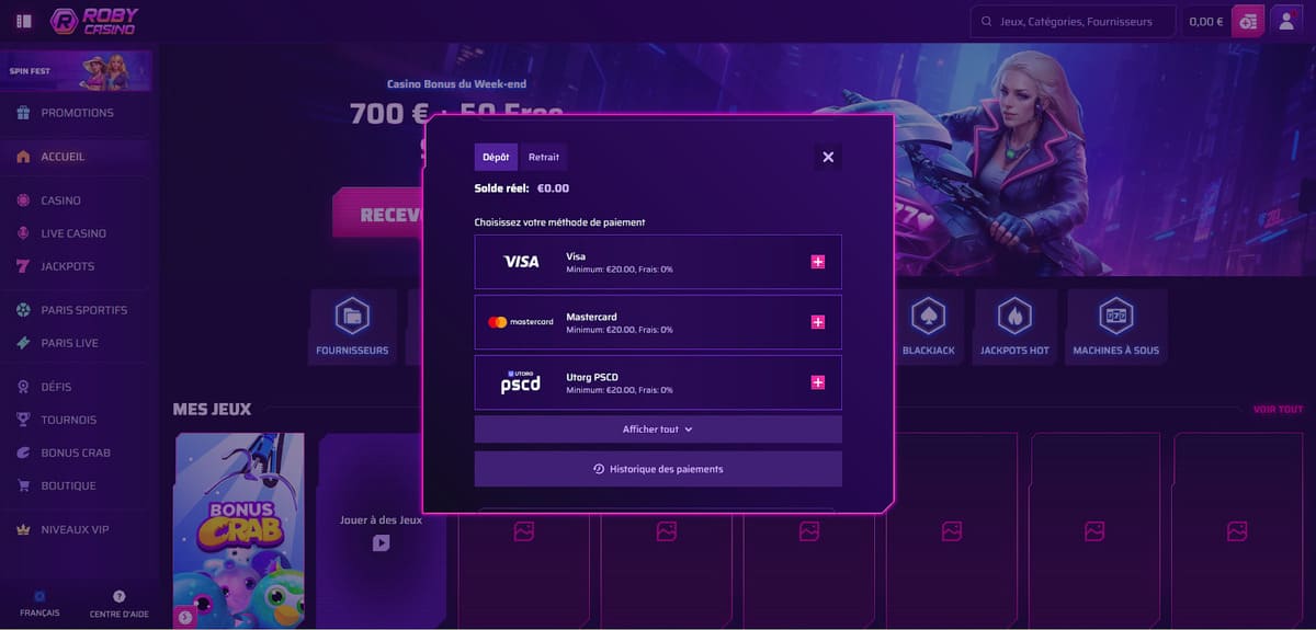 Écran des méthodes de dépôt disponibles sur Roby Casino entre cartes, crypto et e-wallets