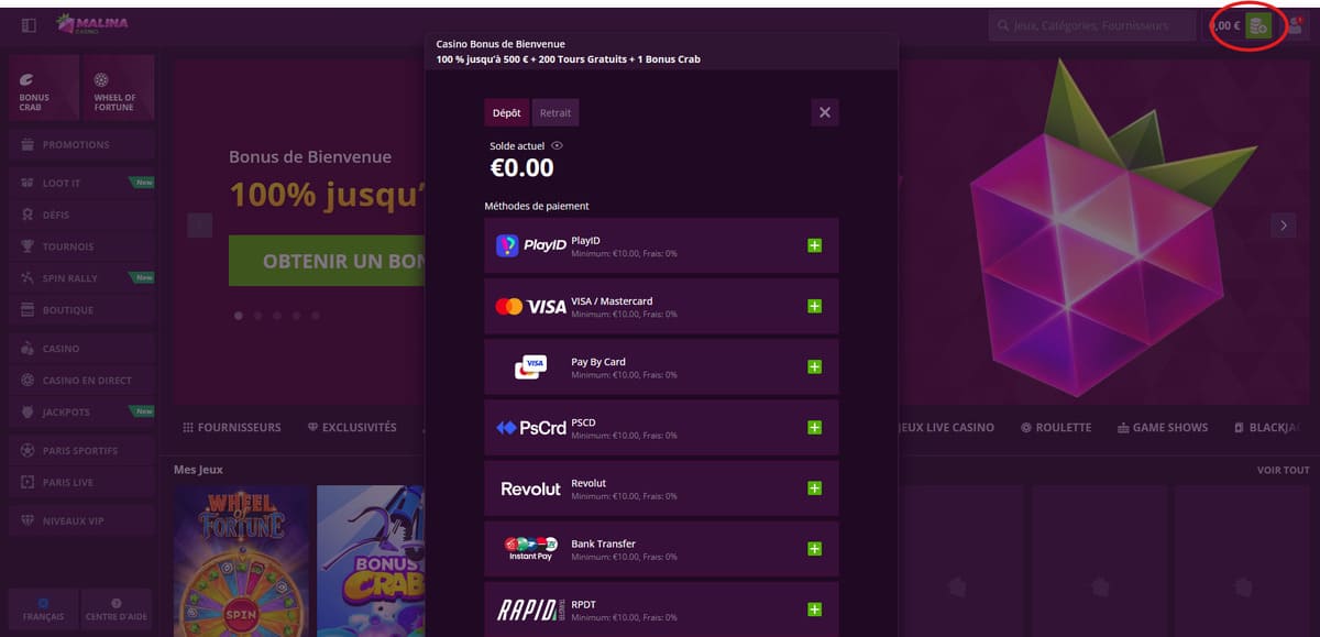 Écran de dépôt de Malina Casino avec les méthodes de paiement dont les cryptomonnaies