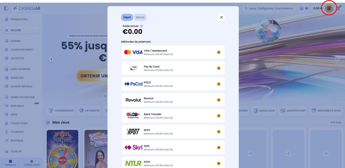 Écran des méthodes de paiement CasinoLab avec cartes bancaires, cryptomonnaies et e-wallets