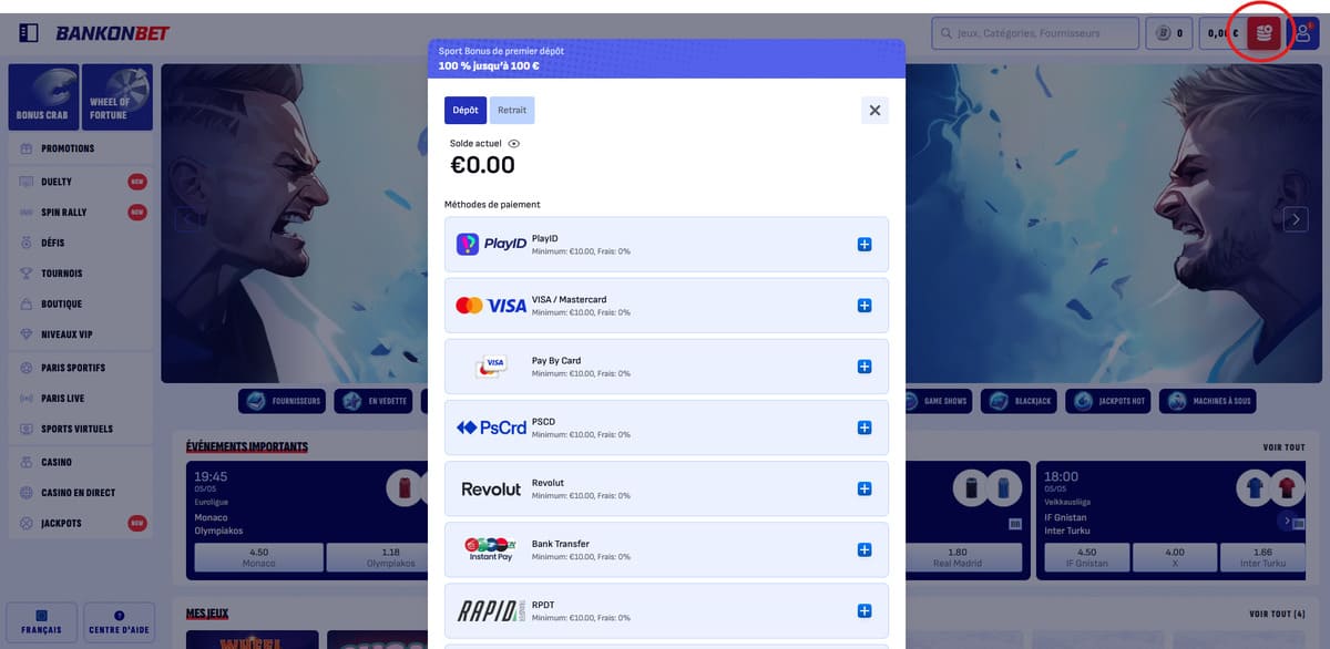 Page de dépôt de Bankonbet listant les cartes bancaires, e-wallets et cryptomonnaies